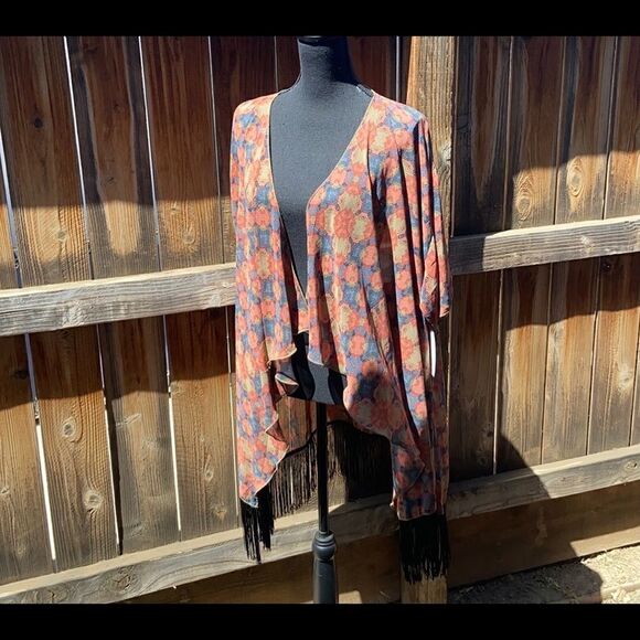 LulaRoe Monroe cardigan career sheer fringe black red brown geometric Large - Picture 1 of 4
